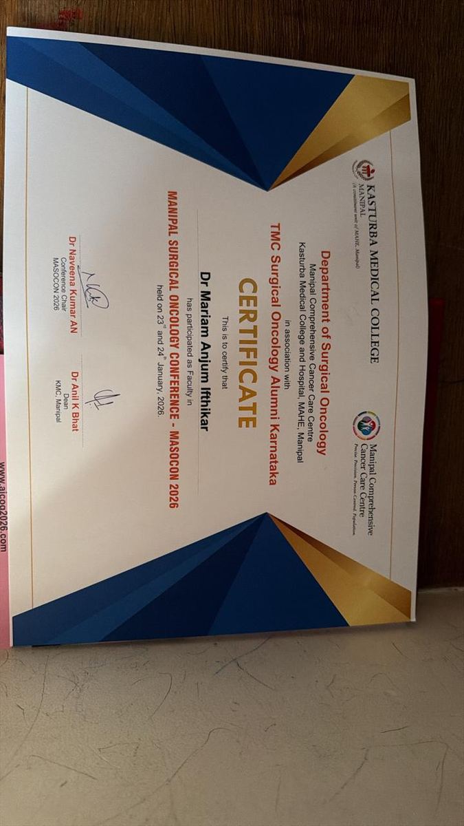 MASOCON 2026 Faculty Certificate — Manipal Surgical Oncology Conference, Kasturba Medical College